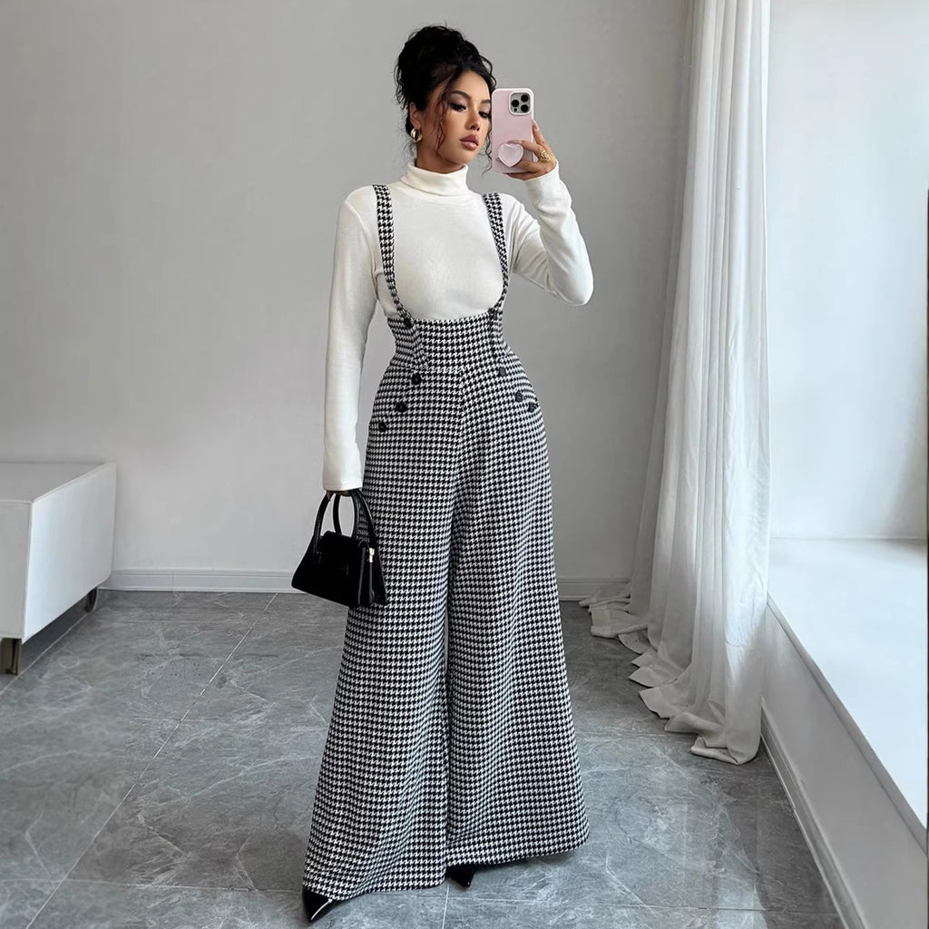 New European And American-style Elegant Houndstooth Buttoned Wide-leg Overalls For Women