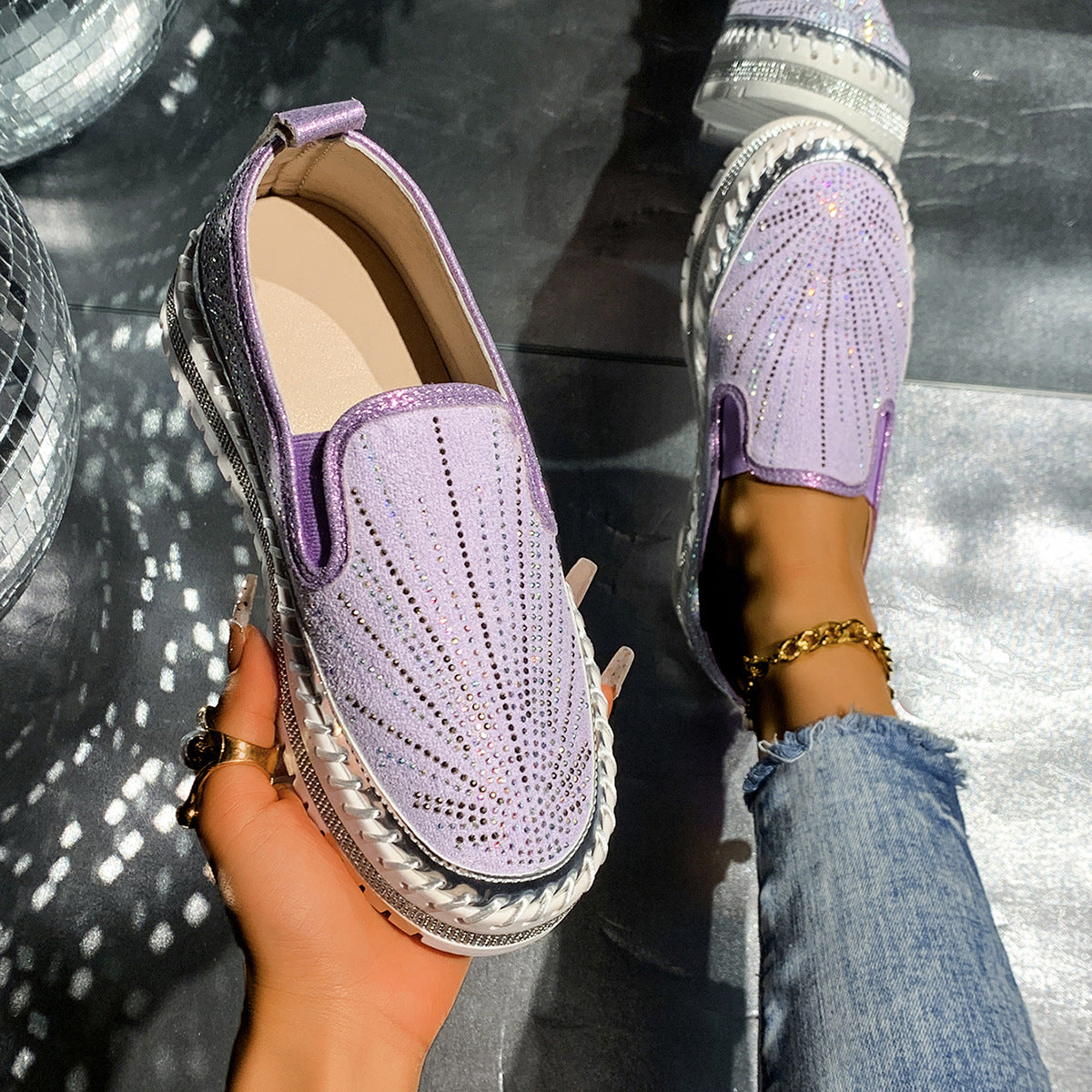 Womens Casual Low-cut Rhinestone Loafers For Cross-border Wear