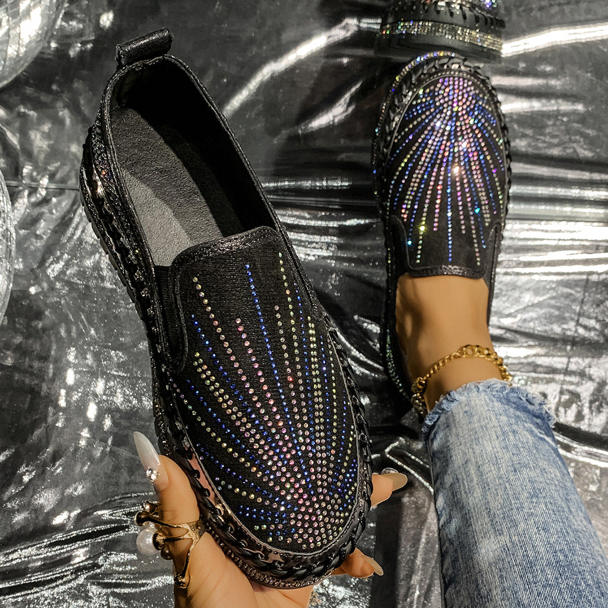 Womens Casual Low-cut Rhinestone Loafers For Cross-border Wear