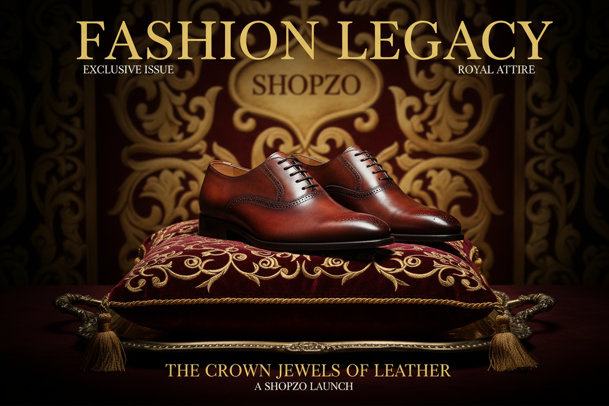 CCREATE AN IMAGE OF LEATHER SHOES ON A CUSHION PRESENTED AS A ROYAL GIFT AND MAKE SURE THAT IT LOOKS LIKE A SHOES FASHION MAGZINE FRONT PAGE AND ADD SHOPZO LOGO AS A BRAND LAUNCH IN BACKGROUND OF IMAGE SO IT CAN LOOK LIKE IT IS AN OFFICIAL BRAND PRODUCT SHOOT
