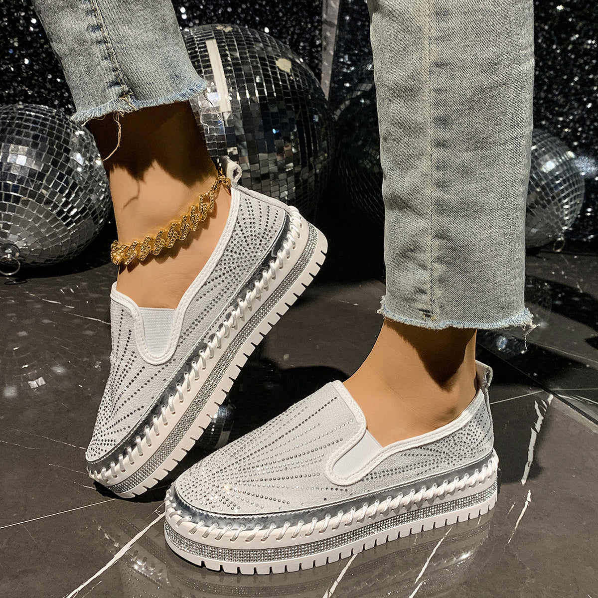 Womens Casual Low-cut Rhinestone Loafers For Cross-border Wear