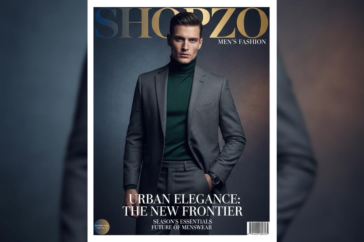 Generate a professional attractive image for mens fashion section of shopzo add shopzo in it with gradient and also make sure to add a male model in it with professional photography details as a fashion magzine front page